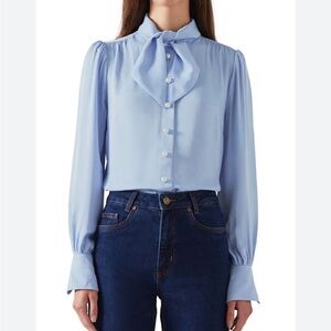LK Bennett London Hall Tie Neck Blouse Women’s 8 Periwinkle‎ Blue Puff Sleeve